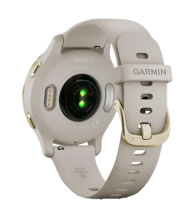 Garmin Venu 2S smartwatch with light gold stainless steel bezel and light sand silicone band