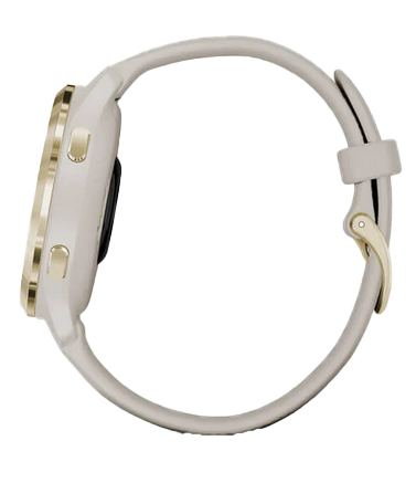 Garmin Venu 2S smartwatch with light gold stainless steel bezel and light sand silicone band.