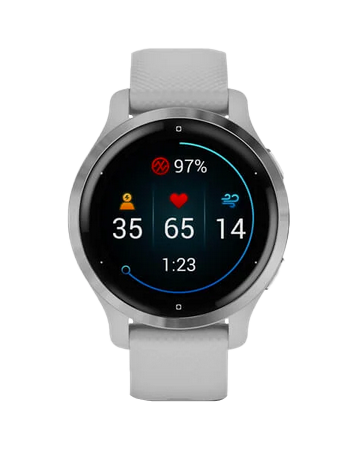 Garmin Venu 2S smartwatch with silver stainless steel bezel, mist gray case and silicone band