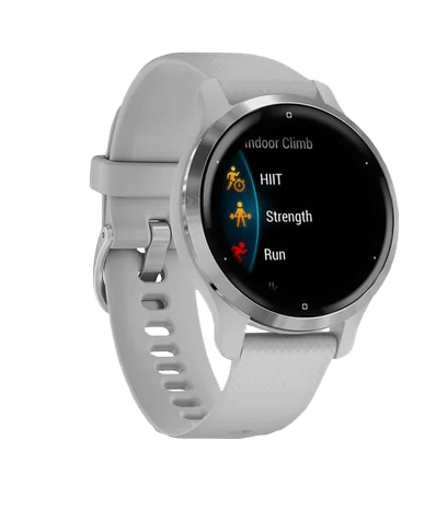 Garmin Venu 2S smartwatch with silver stainless steel bezel, mist gray case, and white silicone band.