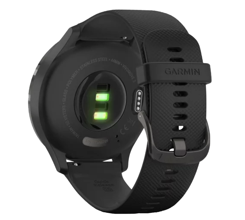 Garmin Vívomove 3 smartwatch, slate bezel with black silicone band, refurbished GPS model