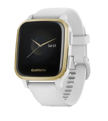 Garmin Venu Sq GPS smartwatch with gold bezel and white band, certified refurbished