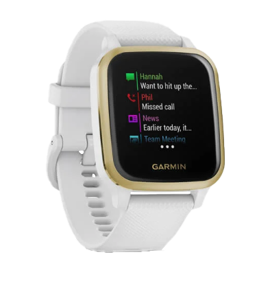 Garmin Venu Sq GPS smartwatch with white band and gold bezel (certified refurbished)