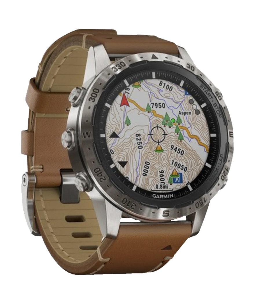 Garmin MARQ Adventurer Expedition smartwatch with brown leather strap and map display.
