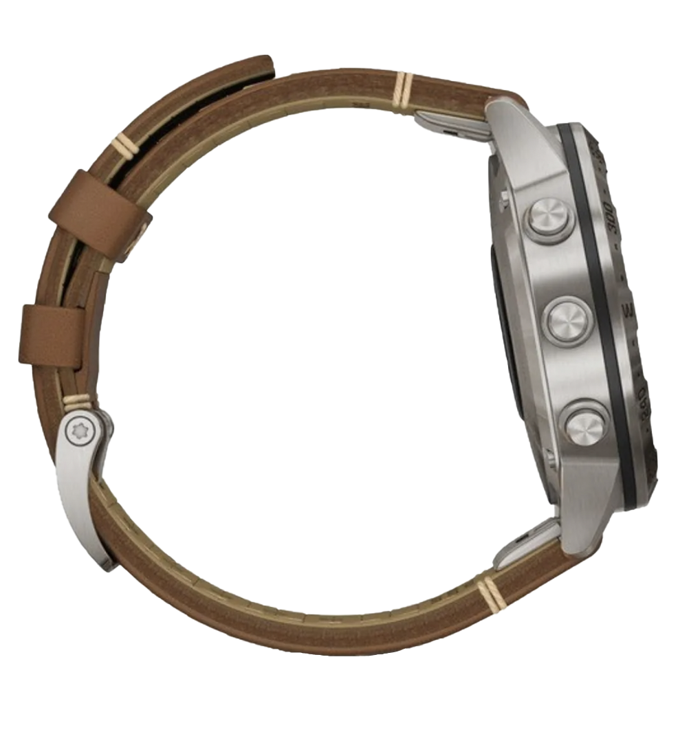 Garmin MARQ Adventurer Expedition GPS smartwatch with brown leather strap and stainless steel case