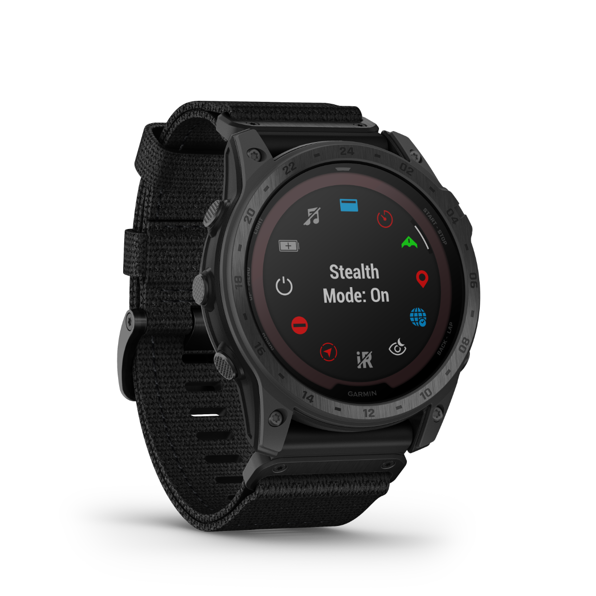 Garmin Tactix 7 Pro Edition smartwatch, black rugged case with fabric strap, displaying Stealth Mode On.