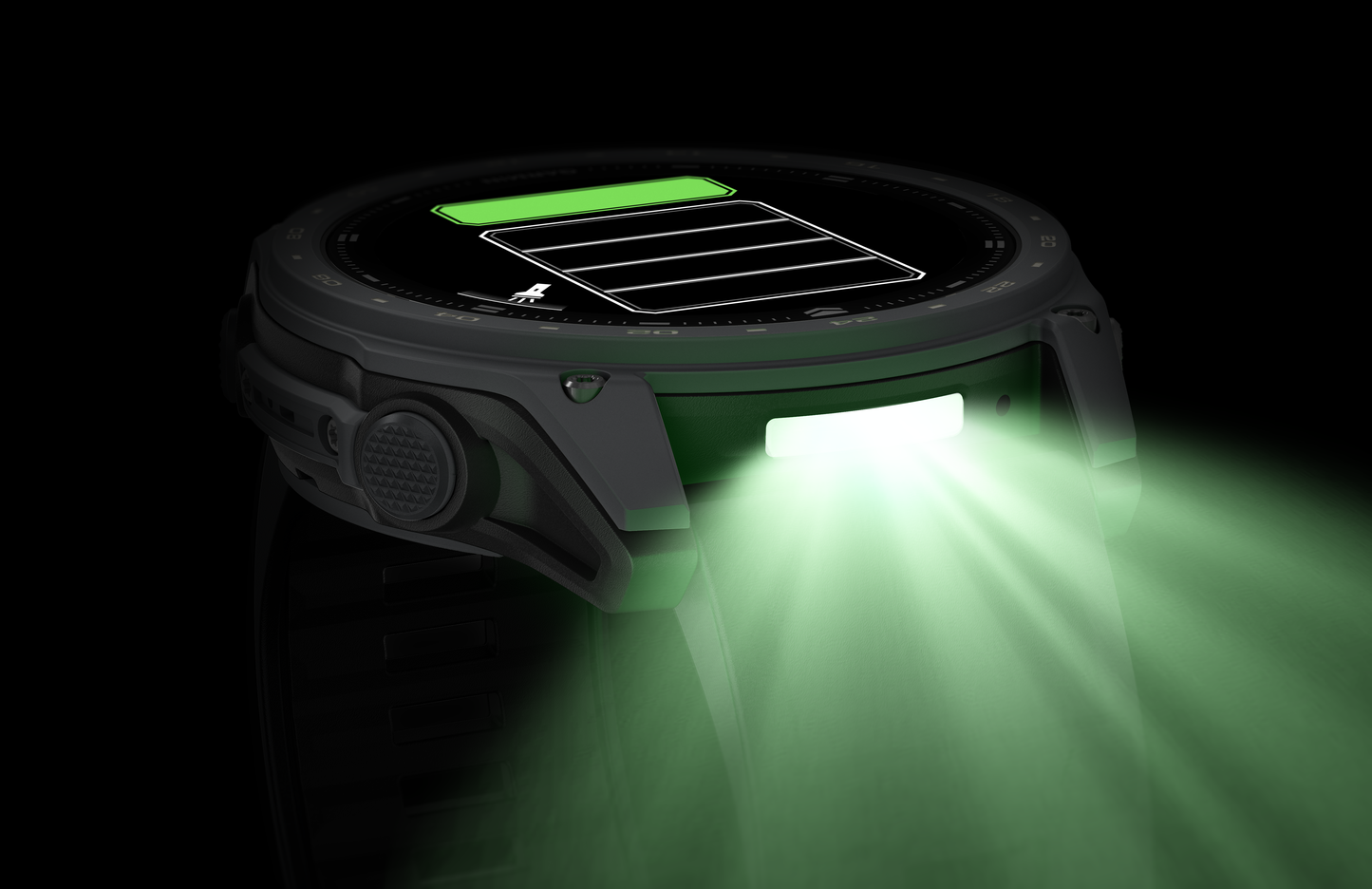 Garmin tactix 8 AMOLED 51mm smartwatch, Cerakote-coated body with green glow from the side
