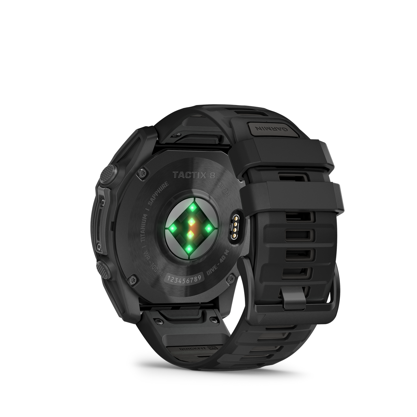 Garmin Tactix 8 AMOLED 51mm smartwatch back with green LED sensors and rugged strap