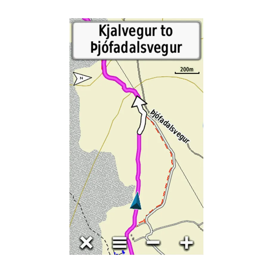 Garmin TOPO Iceland v6 Light map; purple route on Iceland topo map with blue vehicle icon