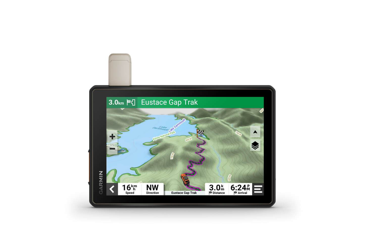 Garmin Tread Overland Edition GPS navigation device with black bezel and beige top accessory, showing topo map.
