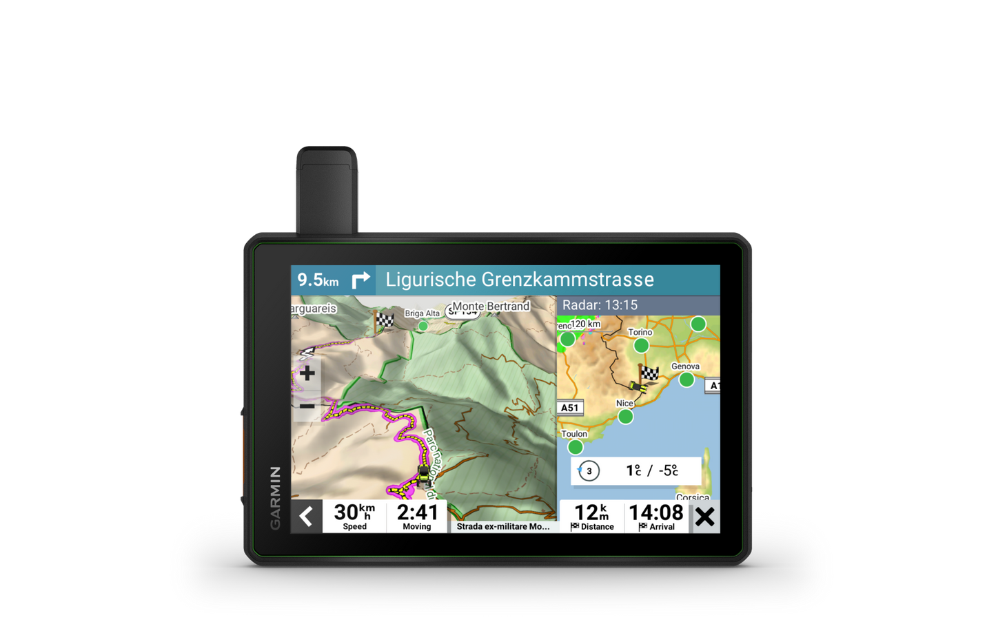 Garmin Tread SxS Edition GPS navigation device, black with green trim, map display