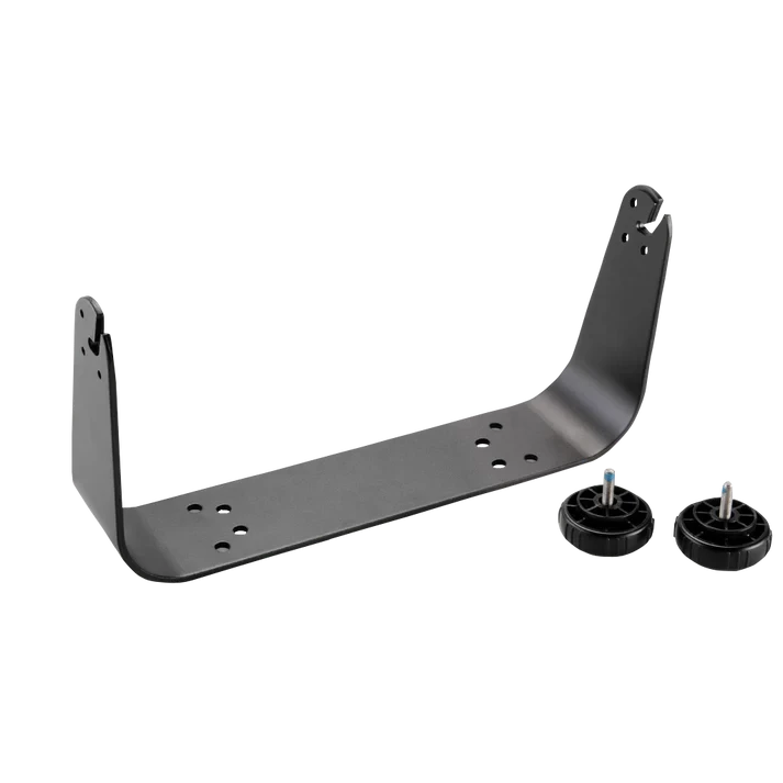 Garmin bail mount with knobs for GPSMAP 7x10, gray metal bracket with mounting holes and two knobs