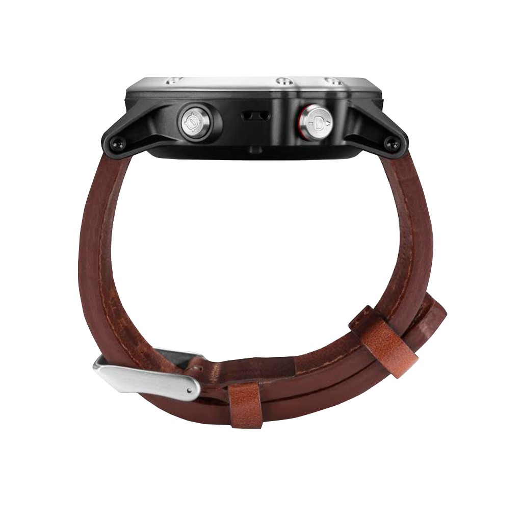 Garmin D2 Bravo smartwatch with brown leather strap.