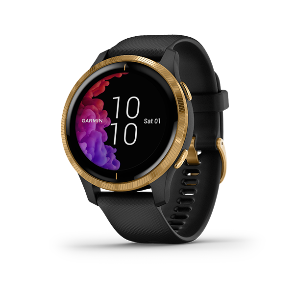 Garmin Venu smartwatch, black band with gold bezel, certified refurbished