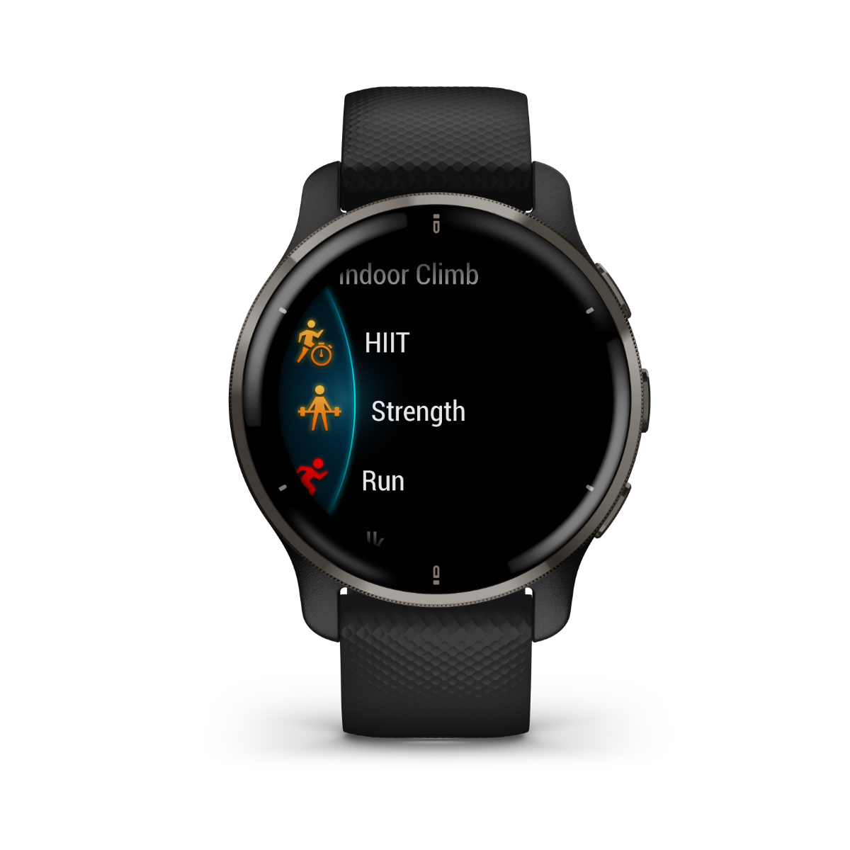 Garmin Venu 2 Plus smartwatch with slate stainless steel bezel and black silicone band