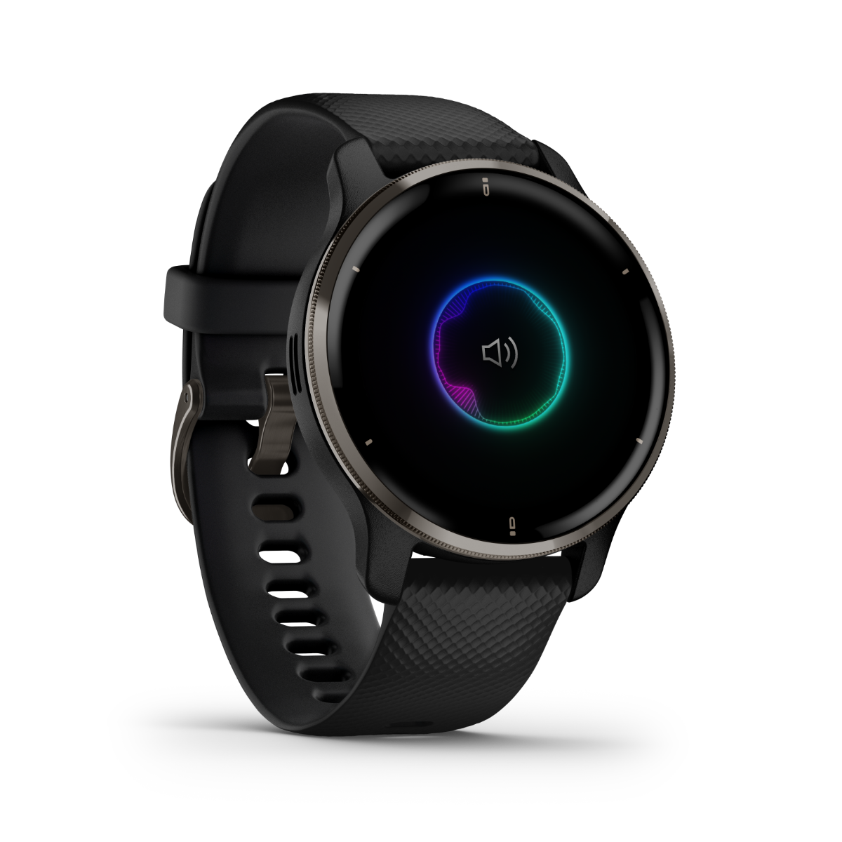 Garmin Venu 2 Plus smartwatch with slate stainless-steel bezel and black silicone band