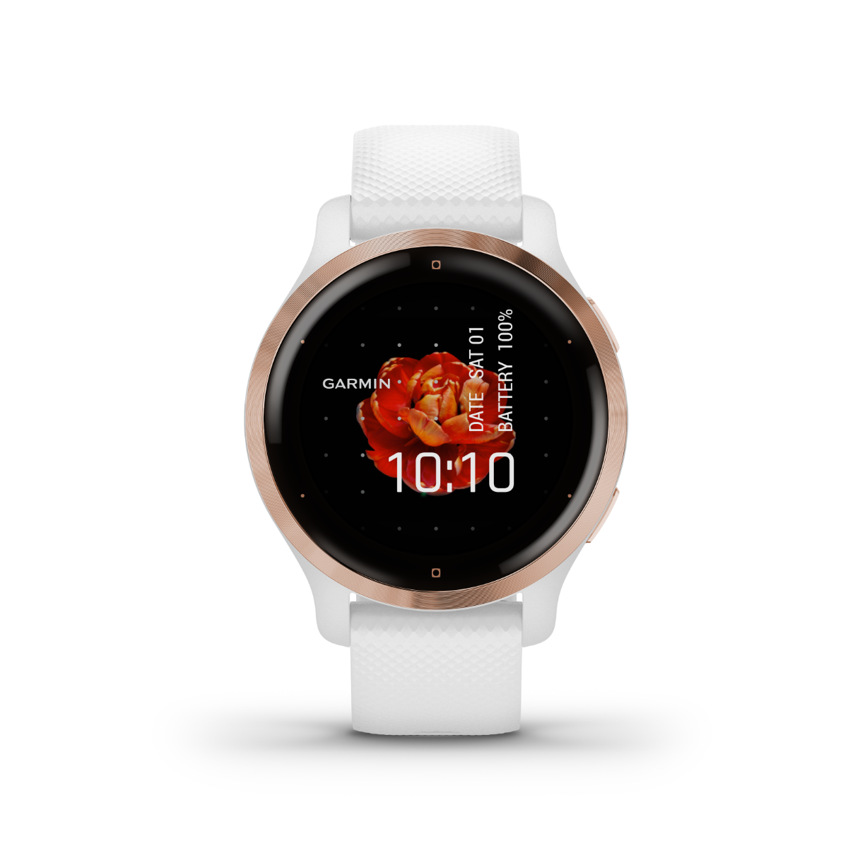 Garmin Venu 2s GPS smartwatch with rose-gold bezel and white band, certified refurbished.
