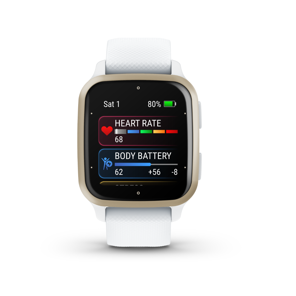 Garmin Venu Sq 2 smart watch with cream gold aluminum bezel and white silicone band