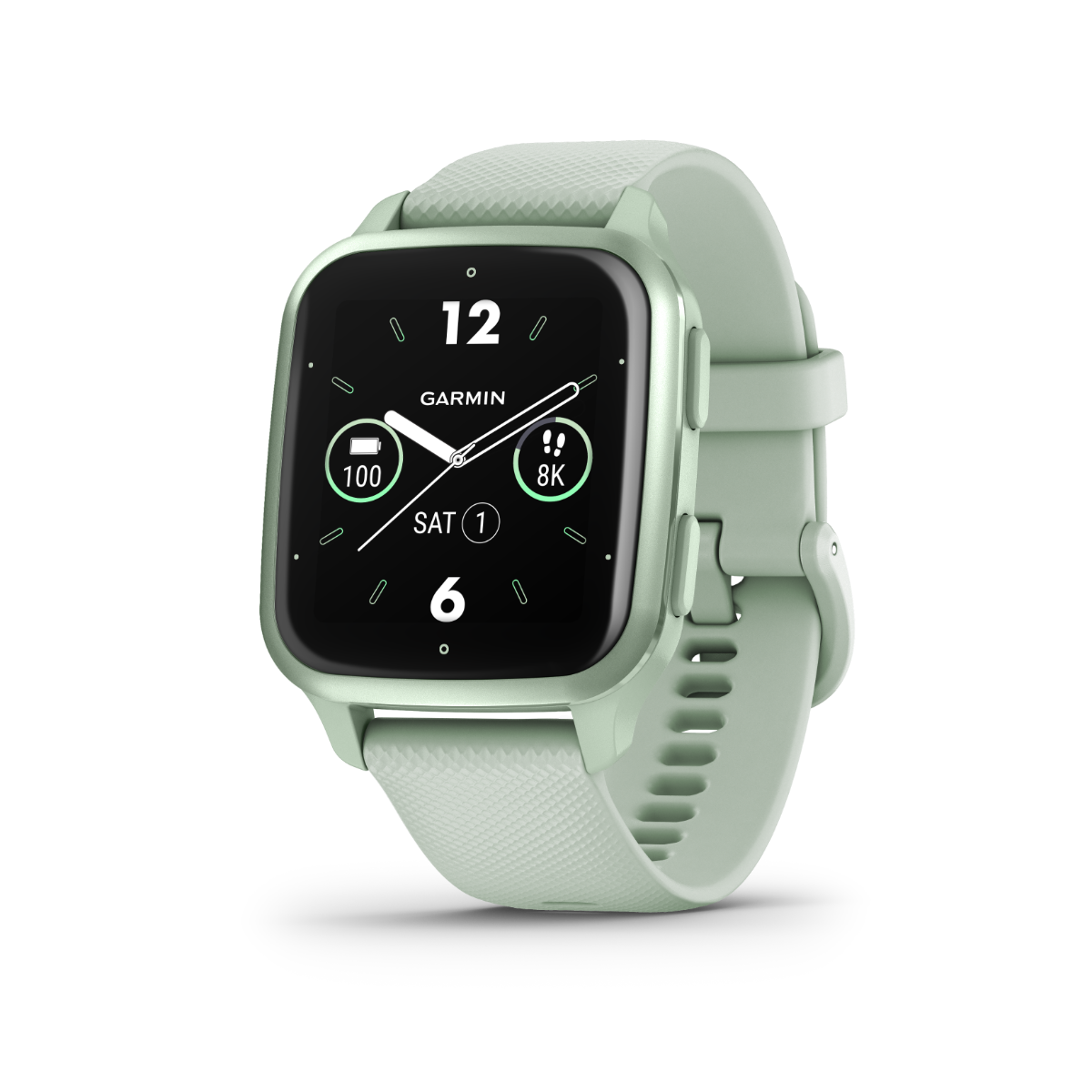 Garmin Venu Sq 2 smartwatch in metallic mint with silicone band, Garmin Certified Refurbished