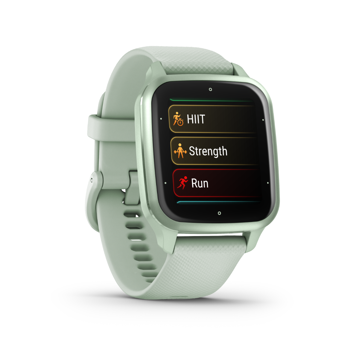 Garmin Venu Sq 2 smartwatch in metallic mint with silicone band, certified refurbished