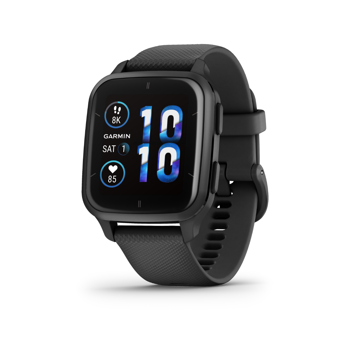 Garmin Venu Sq 2 Music smartwatch with slate aluminum bezel and black silicone band
