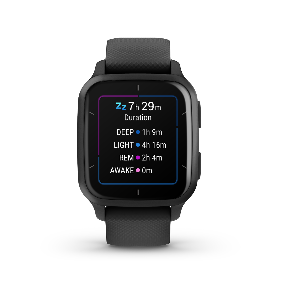 Garmin Venu Sq 2 Music smartwatch with slate aluminum bezel and black silicone band