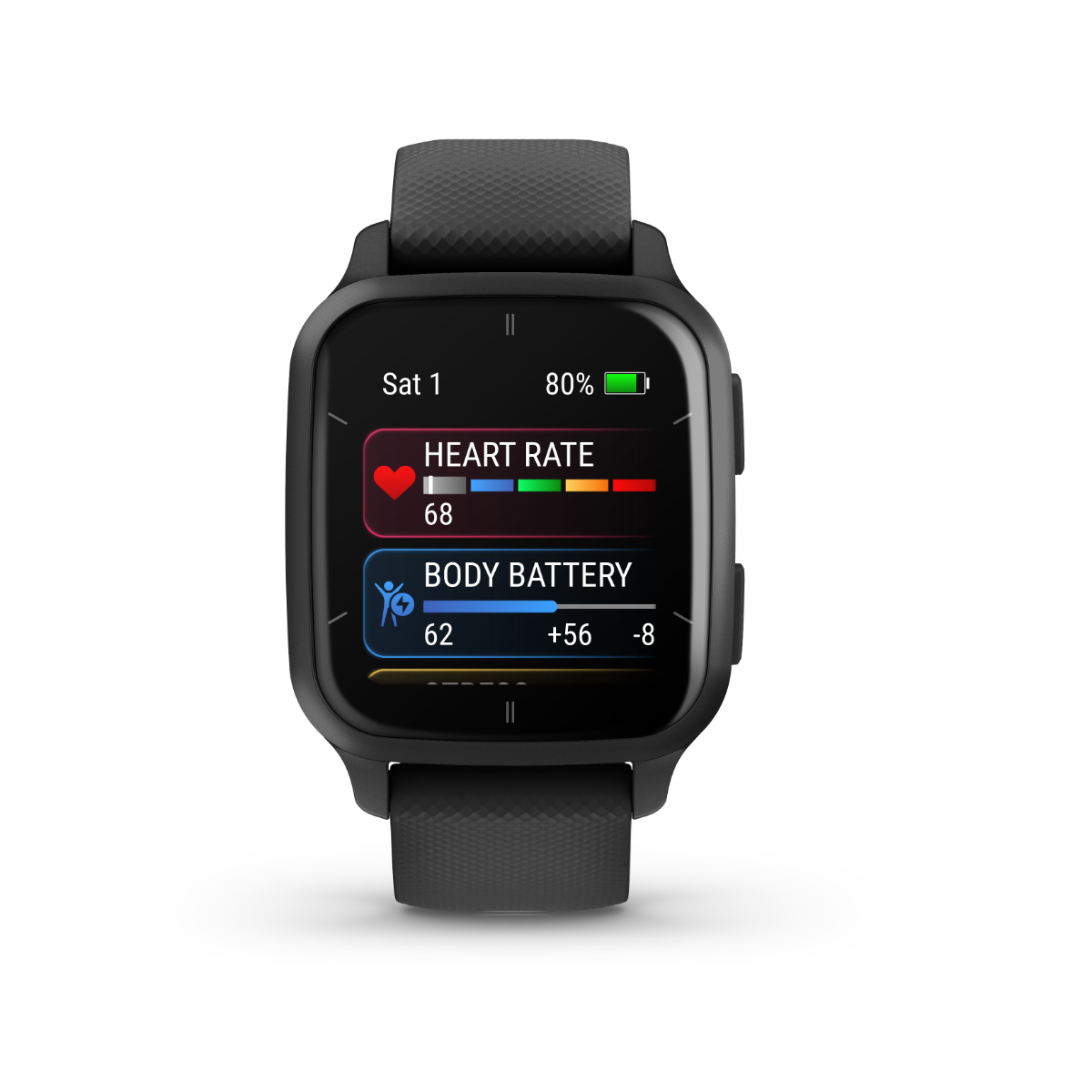 Garmin Venu Sq 2 Music smartwatch, slate aluminum bezel, black case and silicone band