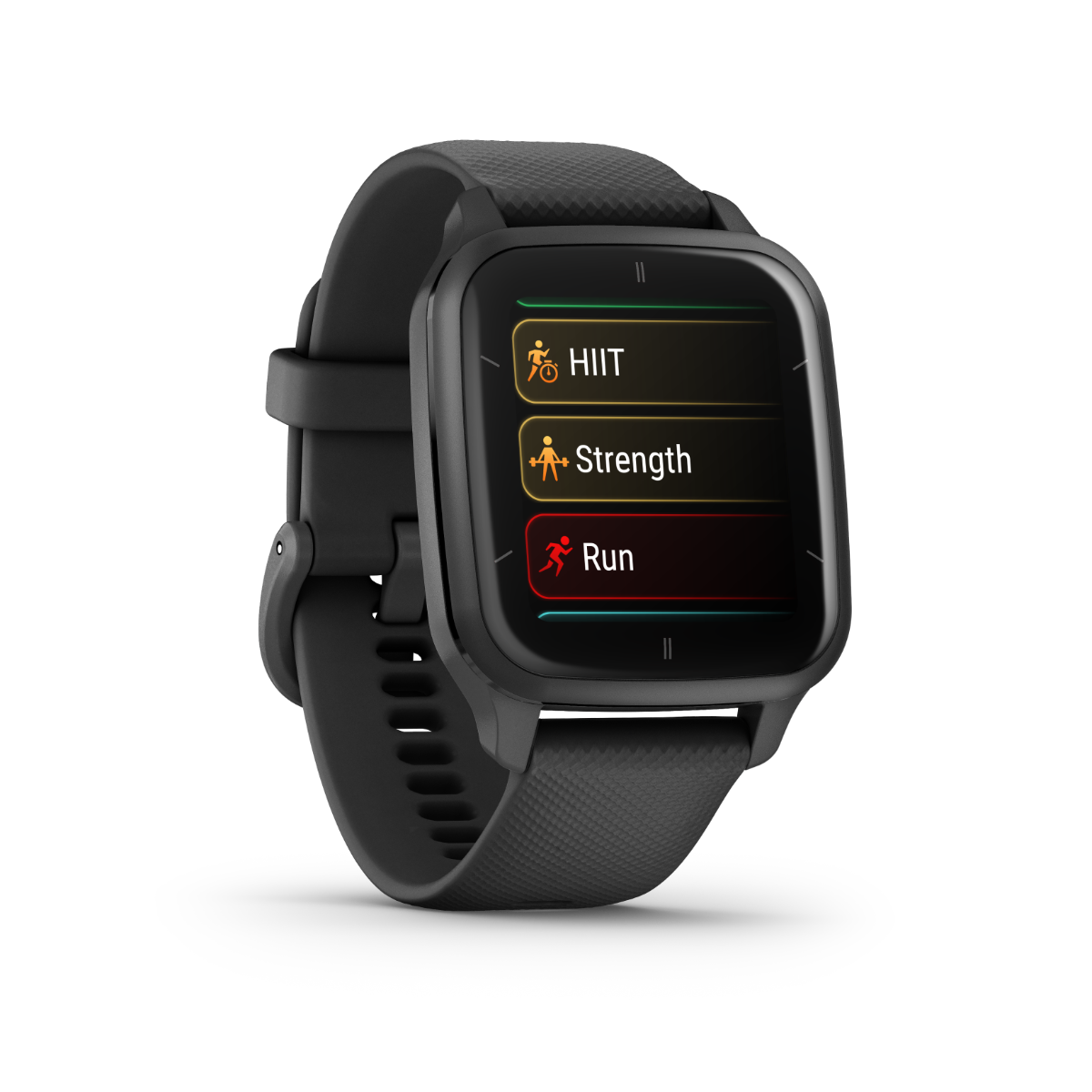 Garmin Venu Sq 2 Music smartwatch with slate aluminum bezel and black silicone band