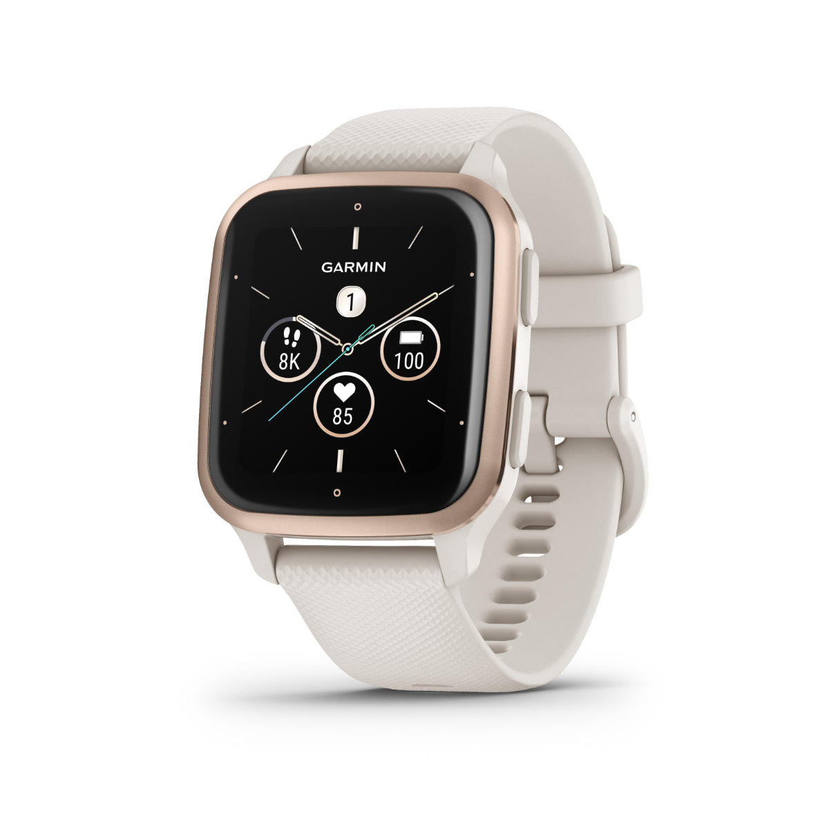 Garmin Venu Sq 2 Music smartwatch, peach gold aluminum bezel with ivory silicone band, refurbished