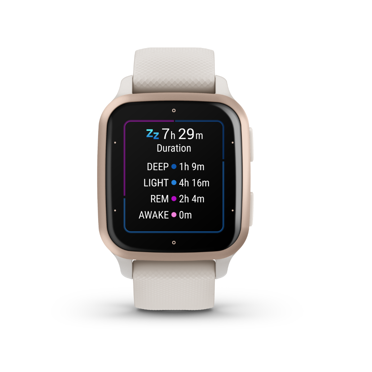 Garmin Venu Sq 2 Music smartwatch, peach gold aluminum bezel with ivory silicone band