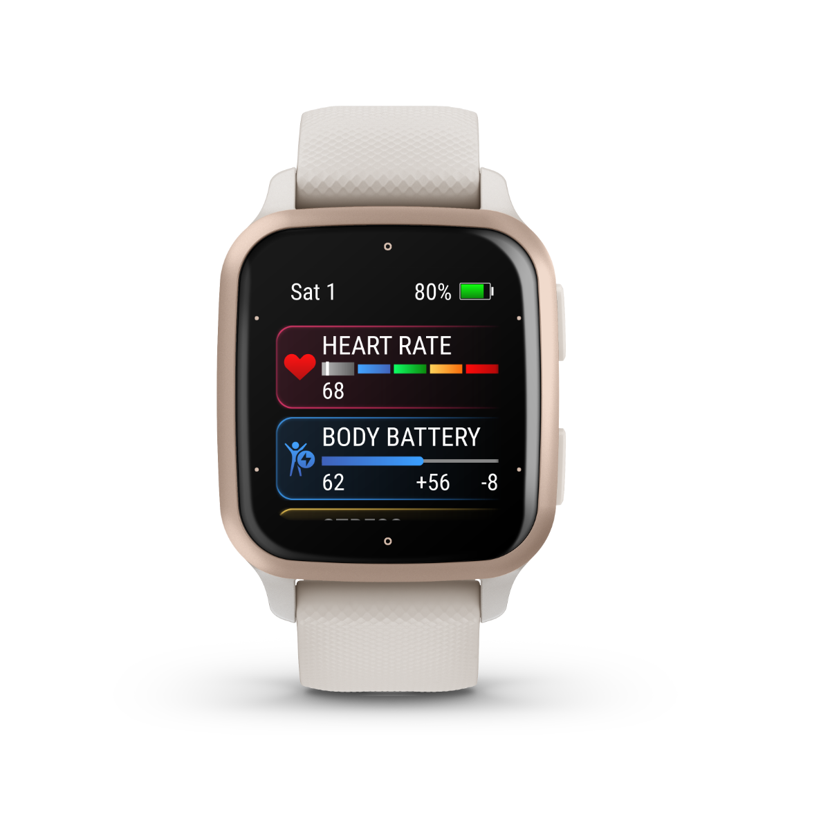 Garmin Venu Sq 2 Music smartwatch with peach-gold aluminum bezel and ivory silicone band