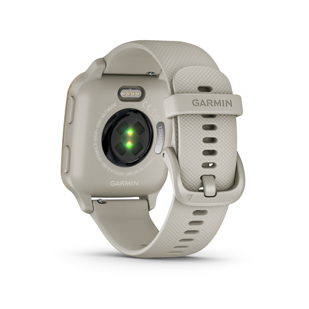 Garmin Venu Sq 2 Music smartwatch with cream gold aluminum bezel, French gray case, and silicone band