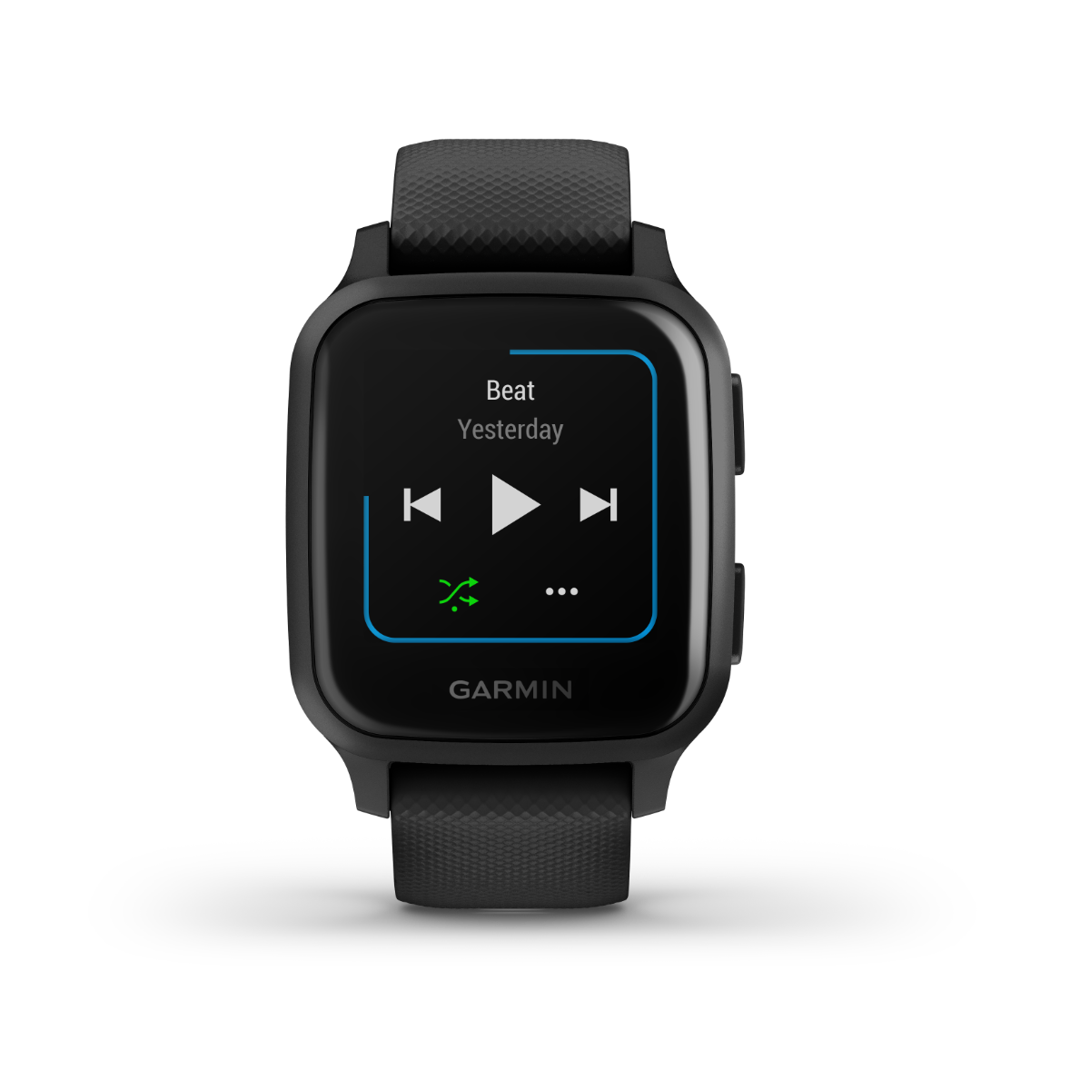 Garmin Venu Sq Music smartwatch, black with on-screen music playback controls