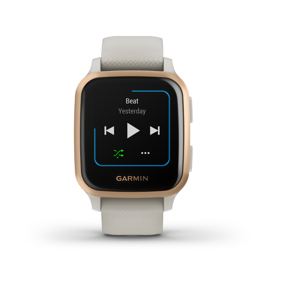 Garmin Venu Sq Music GPS smartwatch with light sand strap and rose gold bezel.