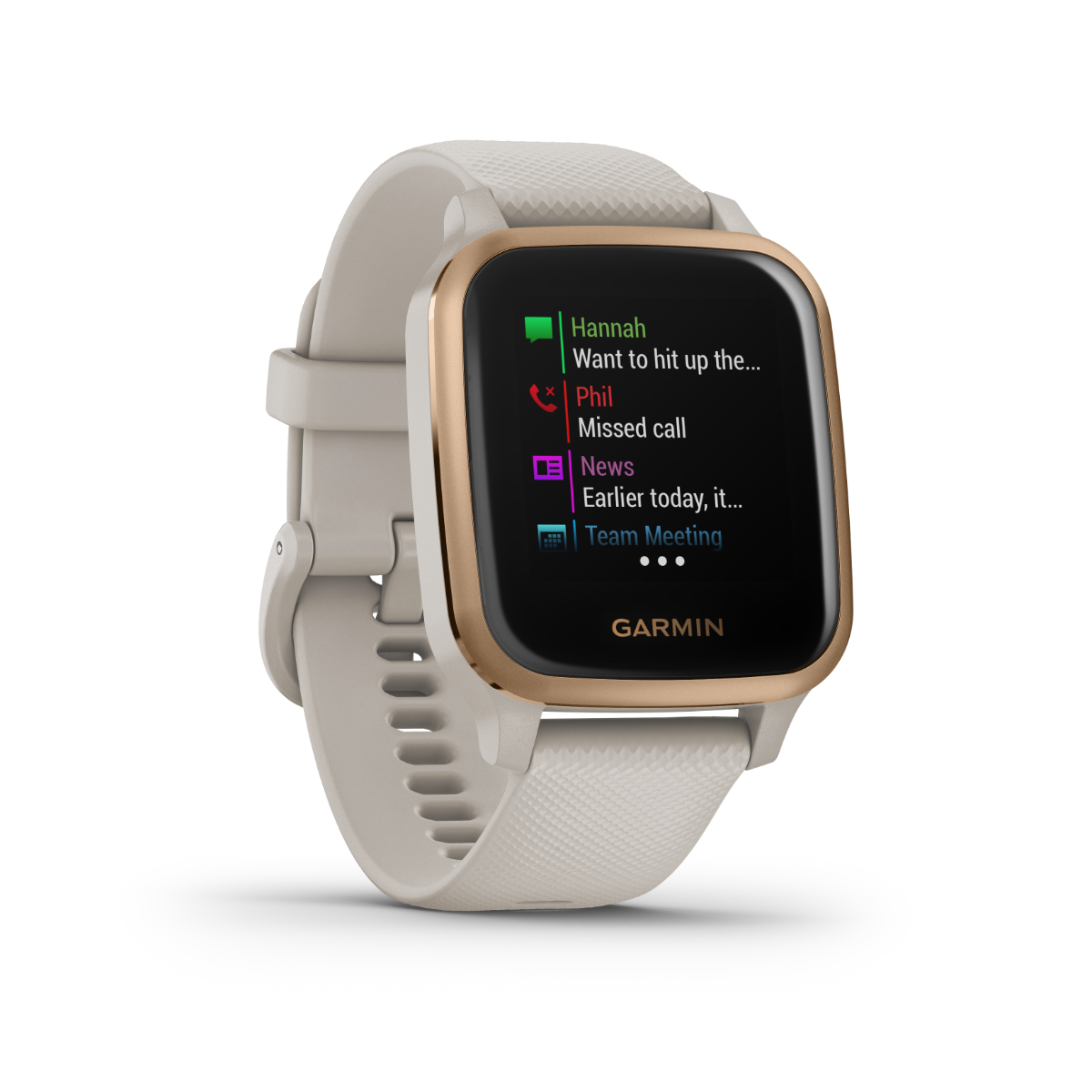Garmin Venu Sq Music smartwatch with rose-gold bezel and tan band, certified refurbished