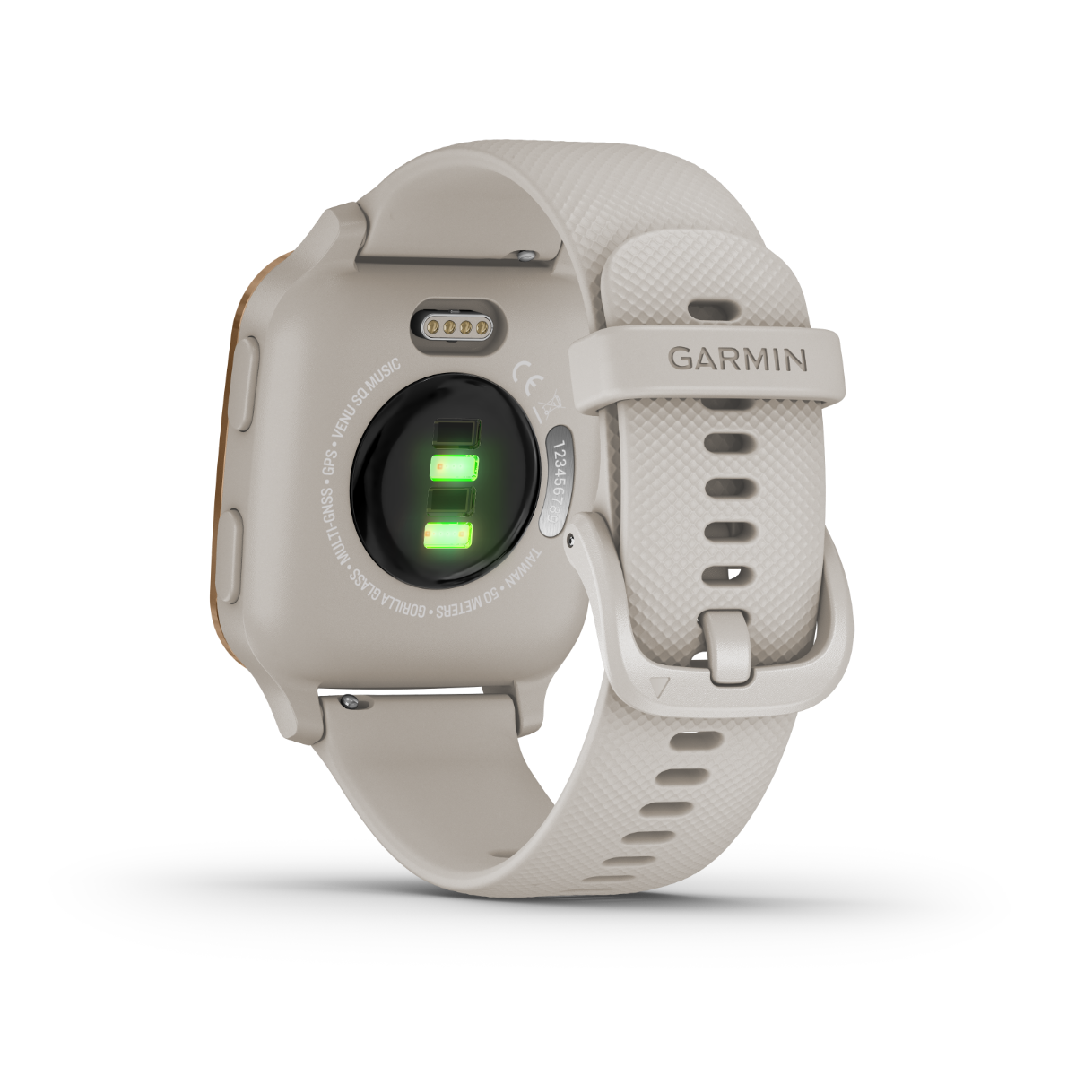 Garmin Venu Sq Music smartwatch with rose gold bezel and tan band, Garmin Certified Refurbished