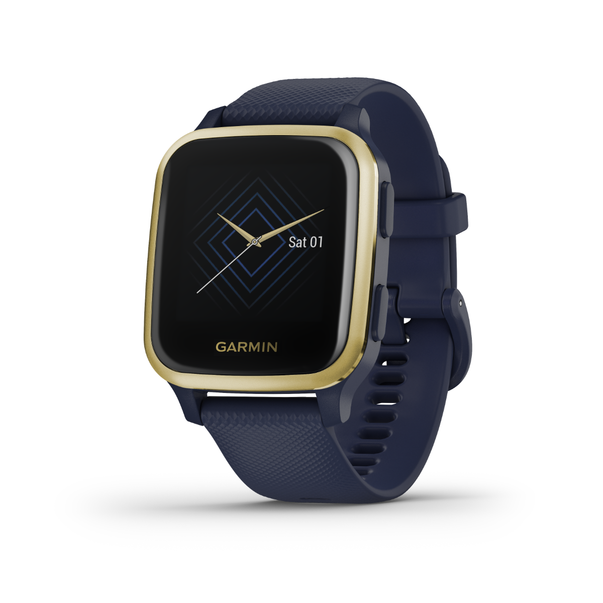 Garmin Venu Sq Music smartwatch, gold bezel with navy band, GPS, certified refurbished