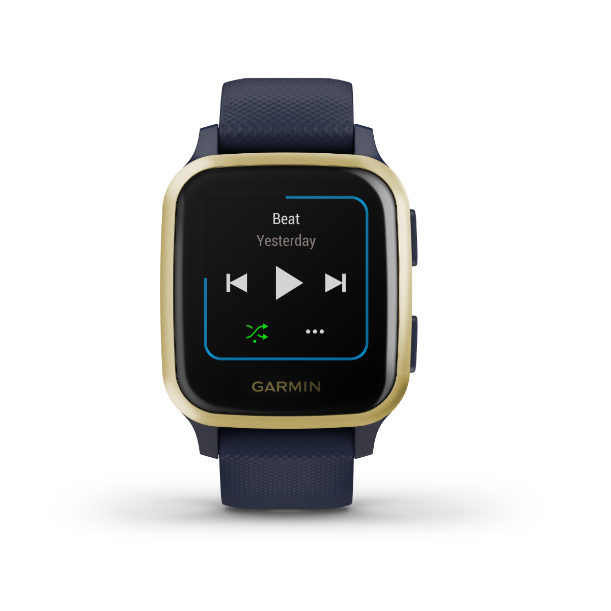 Garmin Venu Sq Music GPS smartwatch, gold bezel and navy band, certified refurbished