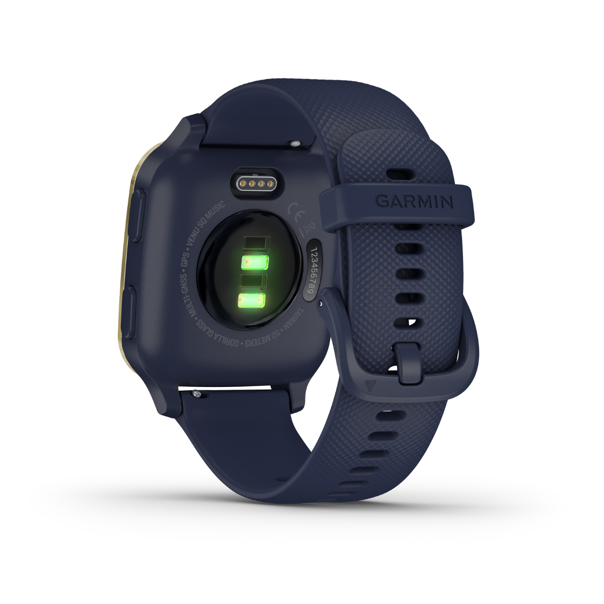 Garmin Venu Sq Music GPS smartwatch with gold bezel and navy band, certified refurbished