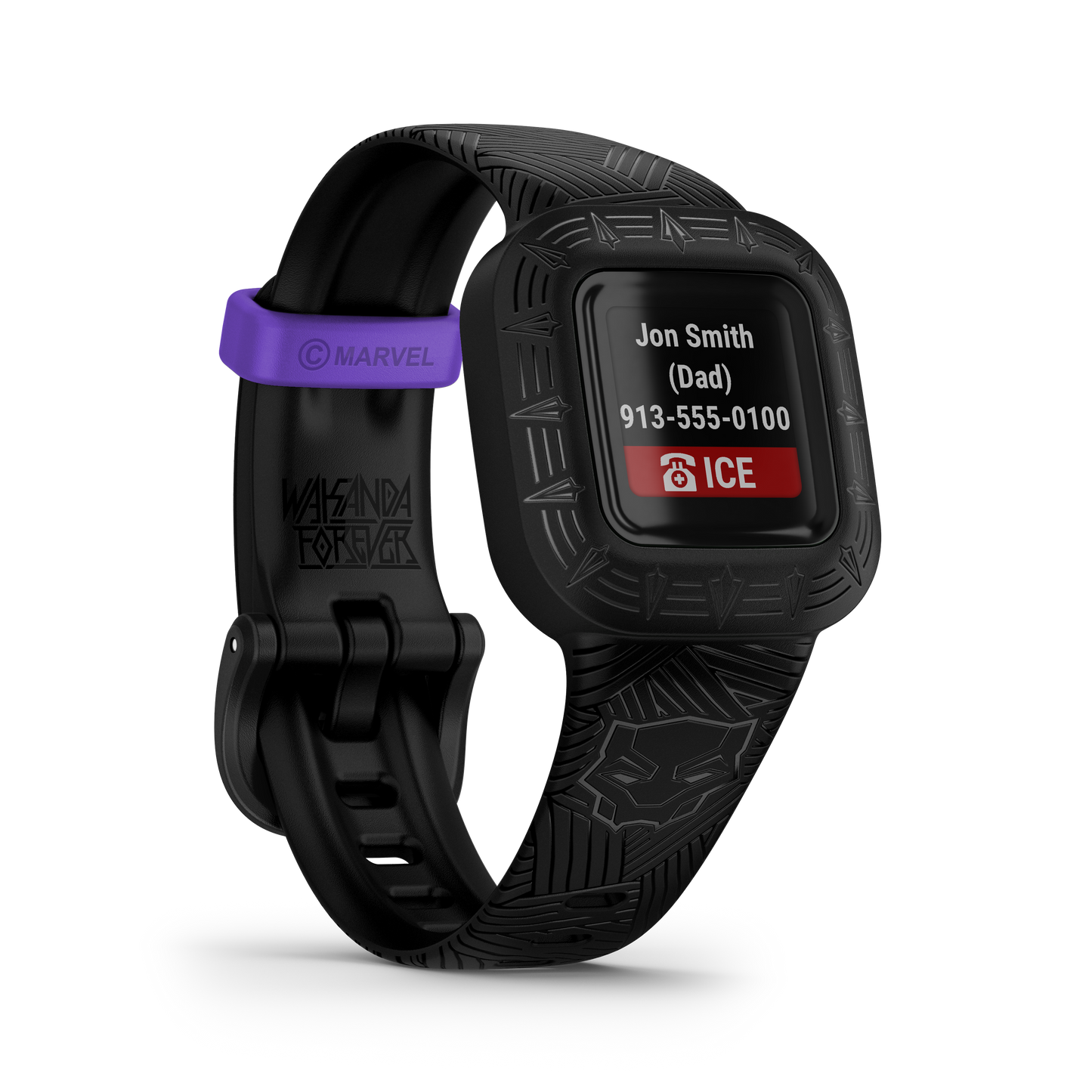 Garmin vívofit jr. 3 Marvel Black Panther smartwatch with black band and purple Marvel strap accent