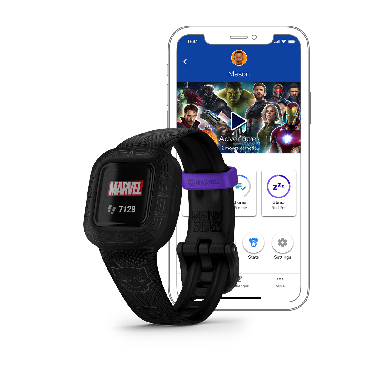 Garmin vivofit jr. 3 Marvel Black Panther smartwatch with black patterned band and purple Marvel strap