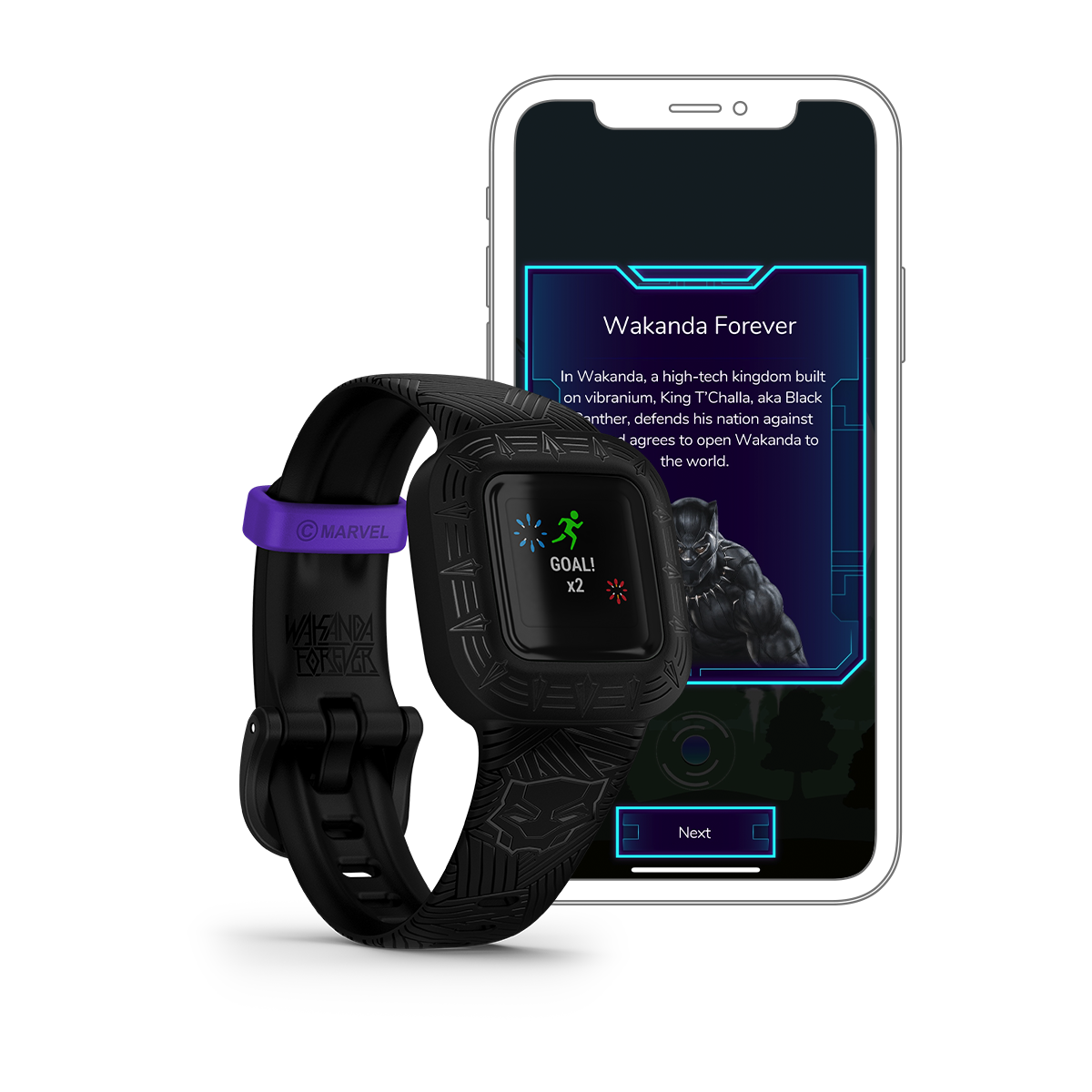 Garmin vívofit jr. 3 Marvel Black Panther smartwatch and smartphone, 2-item display, with black band and purple Marvel strap