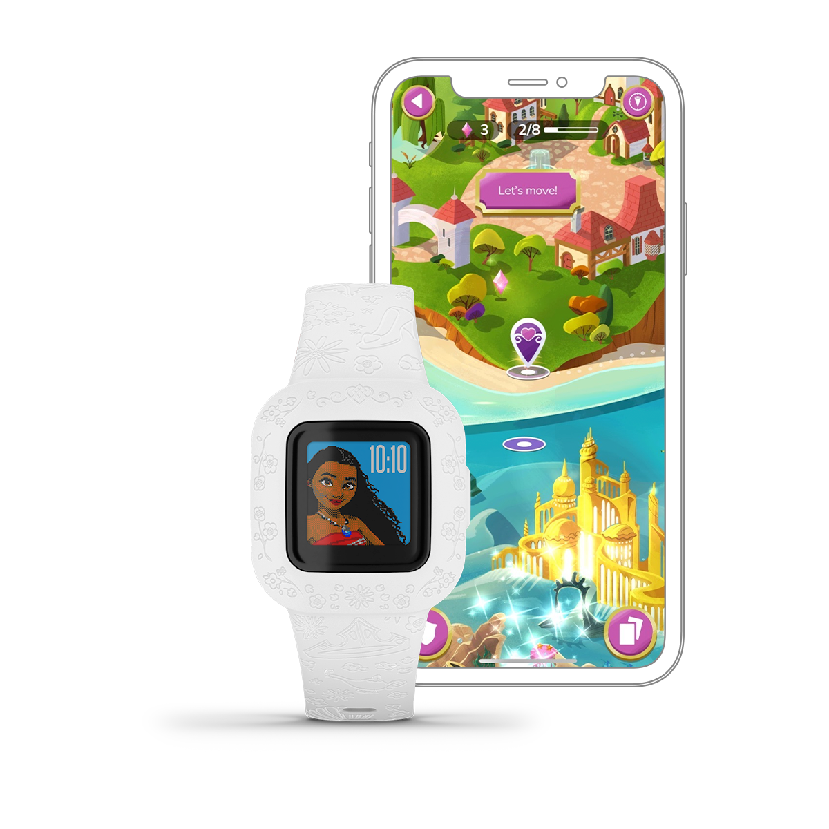Garmin Vivofit jr. 3 Disney Princess smartwatch with white patterned band, shown with smartphone displaying Disney game.