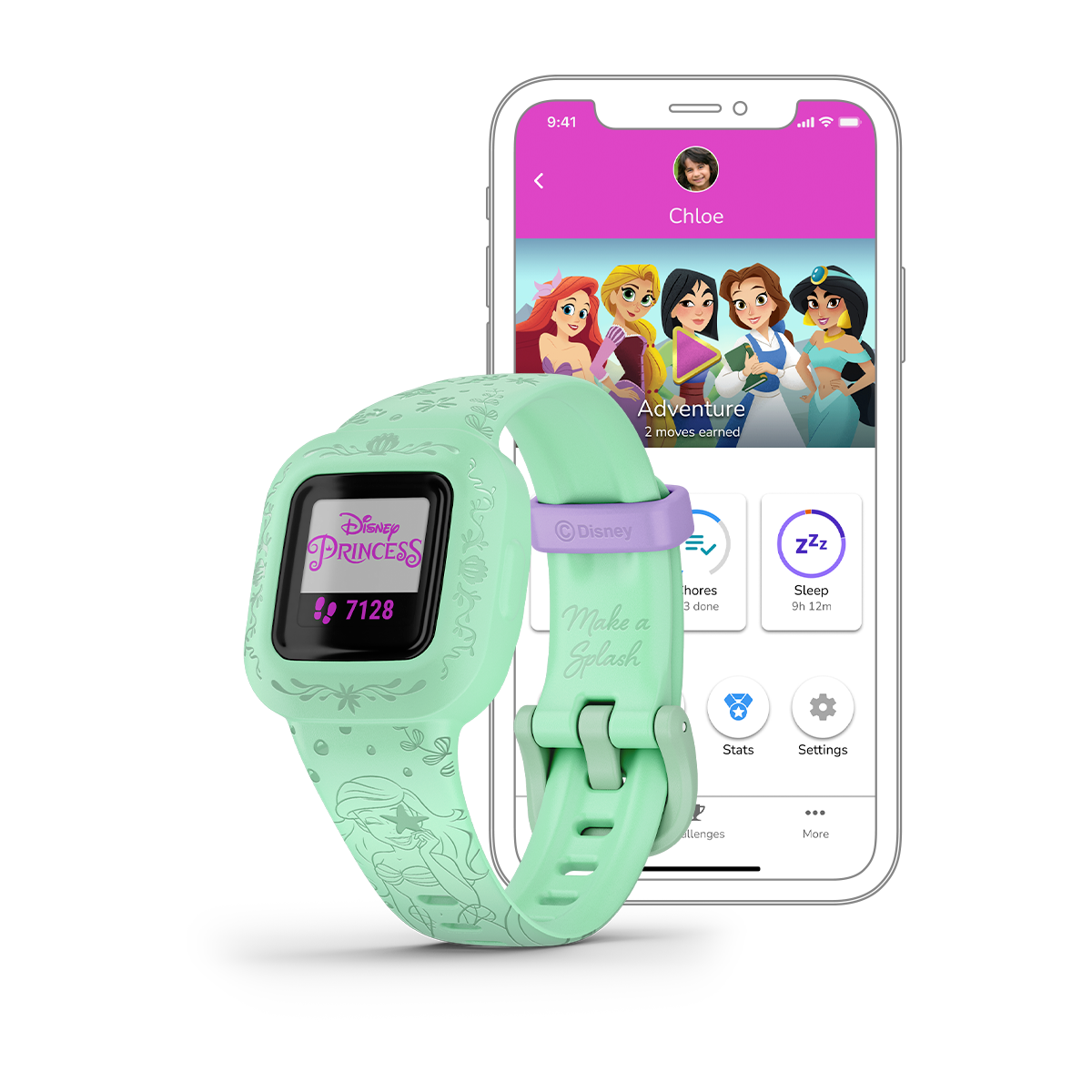 Garmin Vívofit jr. 3 Disney Princess smartwatch with mint-green band and The Little Mermaid design