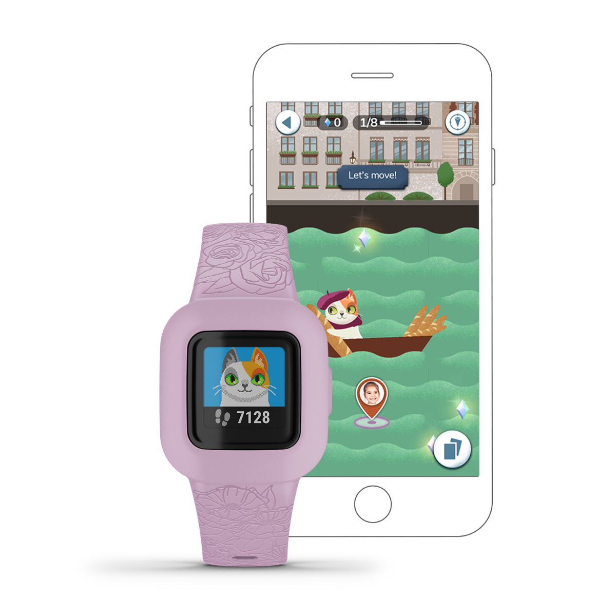 Garmin vivofit jr. 3 Lilac Floral kid's activity tracker with purple floral band beside a smartphone