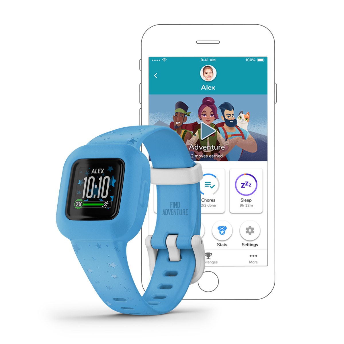 Garmin vivofit jr. 3 blue stars smartwatch with blue band beside a smartphone showing the Garmin app (2 items)