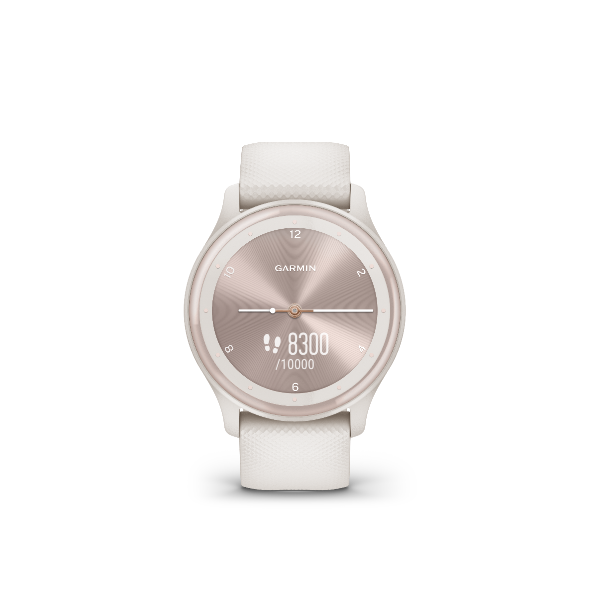 Garmin Vivomove Sport Ivory smartwatch with peach and gold accents, rose-gold bezel, white band