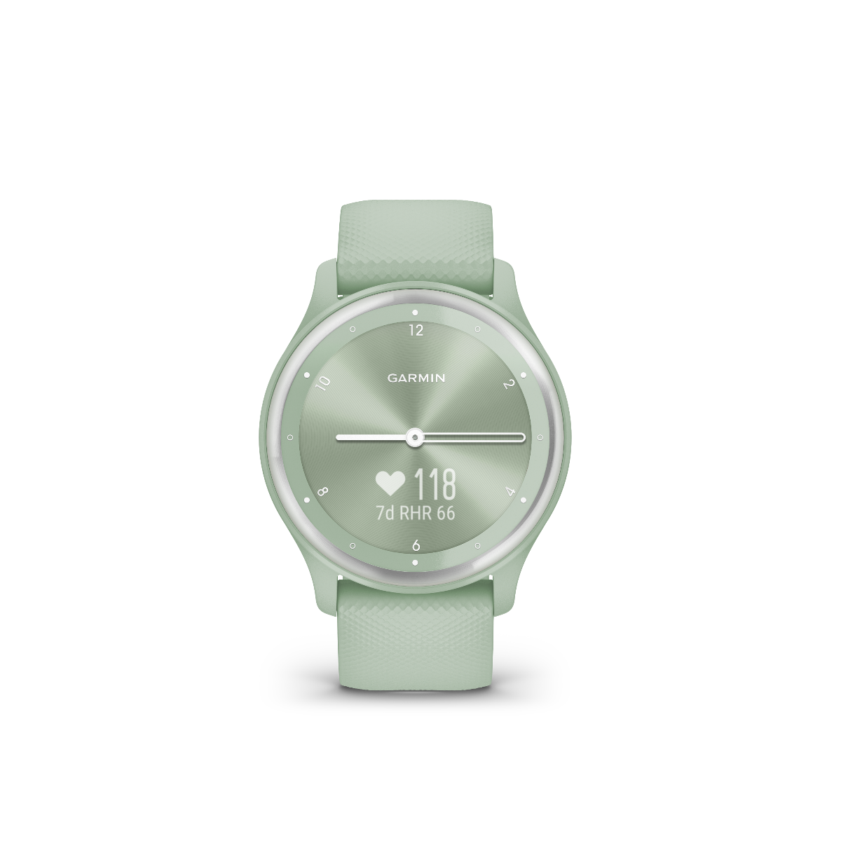 Garmin Vivomove Sport Cool Mint watch with silver accents