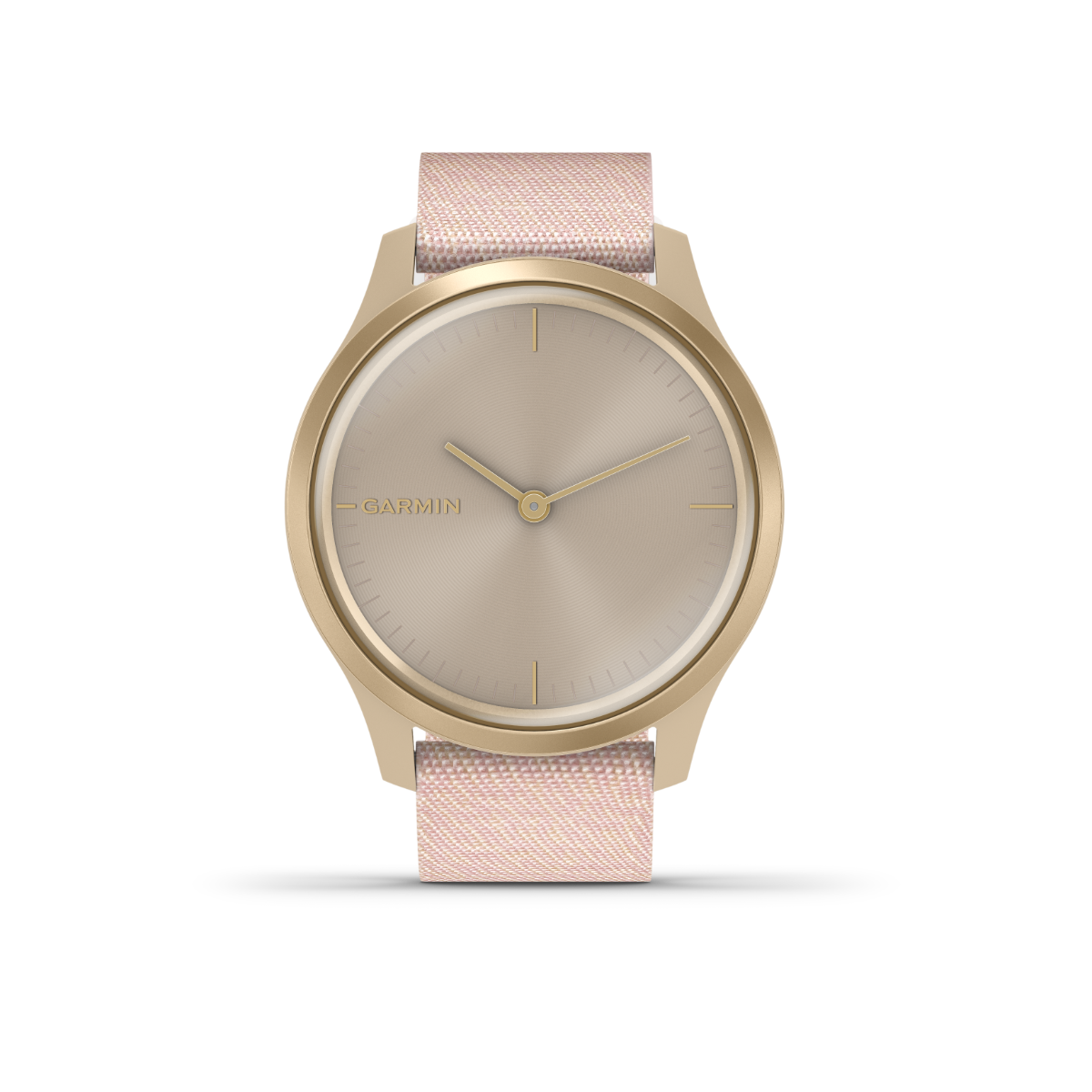 Garmin Vívomove Style GPS Smartwatch; light gold case with blush pink nylon band, certified refurbished.