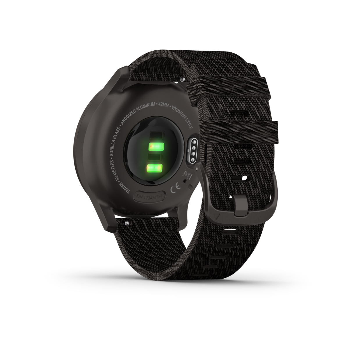 Garmin Vivomove Style graphite GPS smartwatch with black pepper woven nylon band, certified refurbished